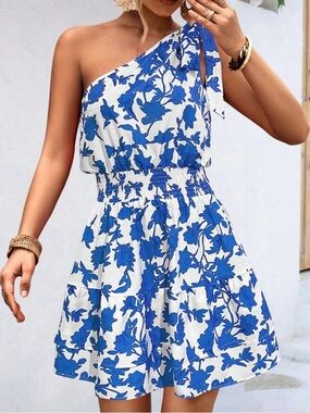 Blue and White Floral One-Shoulder Dress